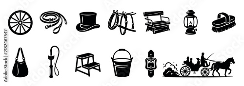 Set of black vintage horse-drawn carriage icons including a wagon wheel, top hat, lantern, harness, whip, and other equestrian accessories in a simple silhouette style collection