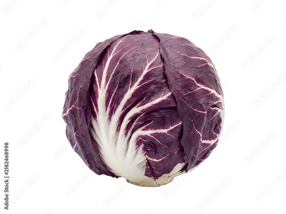 Fototapeta premium Fresh whole purple radicchio cabbage head with vibrant red and white leaves isolated on transparent background