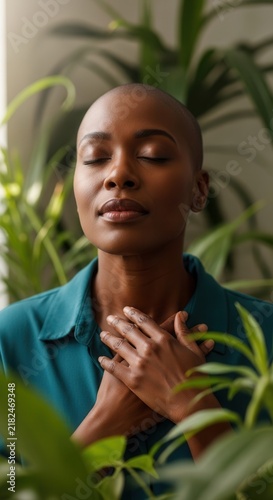 Woman with closed eyes holding hands to chest. Lush green plants create a serene natural environment.