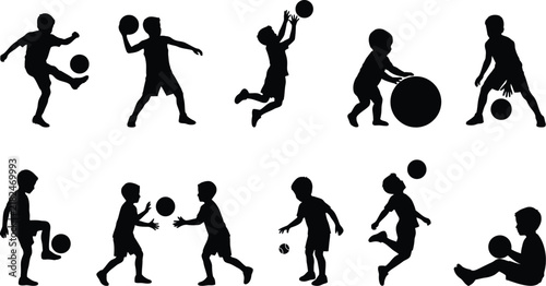 Kids Playing Sports Silhouette Vector Set with Children Kicking Soccer Balls Dribbling Basketball and Catching for Youth Athletics Summer Camp and Physical Education Design
