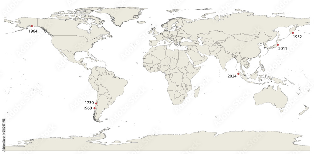 Obraz premium Global Distribution Map of Great Megathrust Earthquakes and Tsunamis Greater Than Magnitude 9.0 Mw