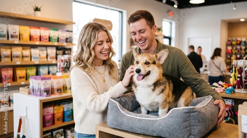 Smiling couple petting a corgi sitting in a plush dog bed on a counter inside a pet shop; shelves of treats and toys are visible, with shoppers blurred in the distance