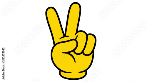 Yellow cartoon hand making a peace sign gesture with two fingers raised high in air