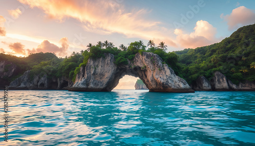 Natural stone arch bridge in tropical ocean at sunset with turquoise water and lush cliffs