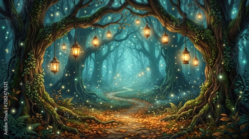 Mystical Halloween forest path framed by twisted trees forming an arch, with warm lanterns hanging from branches and glowing fireflies drifting through blue-green mist