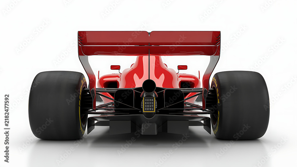 Fototapeta premium Rear view of a red formula 1 racing car with wide black tires and aerodynamic spoiler on a plain white background
