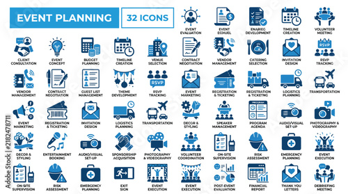 Event planning icons for organization and management in business and marketing industries with various logistics elements