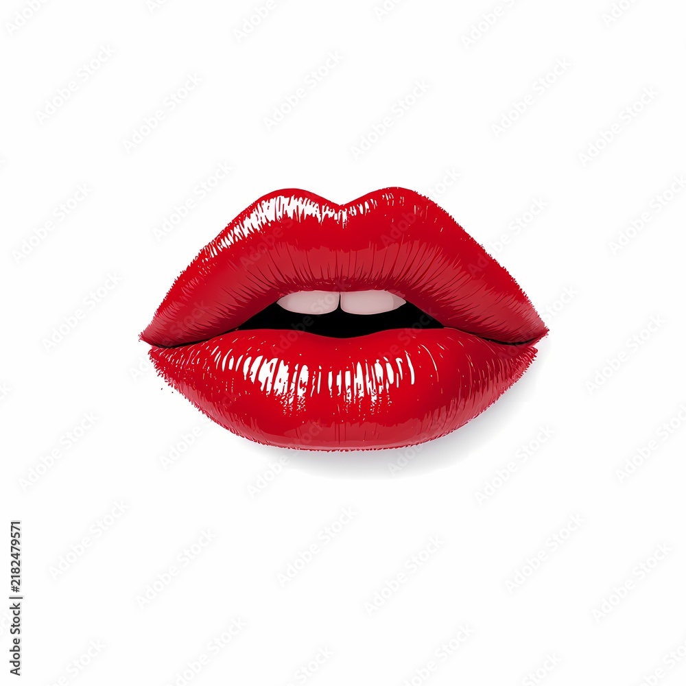 Fototapeta premium Closeup of glossy bright red open mouth with white teeth isolated on white background