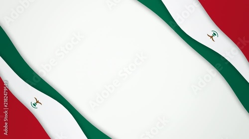 Patriotic abstract background inspired by the Mexico flag: flowing ribbon paper cut layers in green, white and red with balanced 30 40 30 ribbon volumes and a simplified golden eagle on cactus emblem 