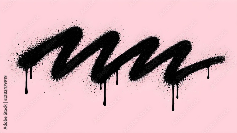 Obraz premium Black spray paint zigzag scribble stroke with realistic dripping texture on pastel pink background for modern street art design element