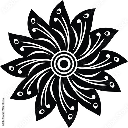 Black stylized flower icon with concentric circles and swirling petals symbol white