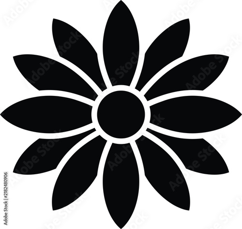 Black stylized flower icon with ten petals and central circle symbol white