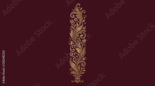 Foto Ornate vertical floral border element with gold roses and swirling acanthus leav