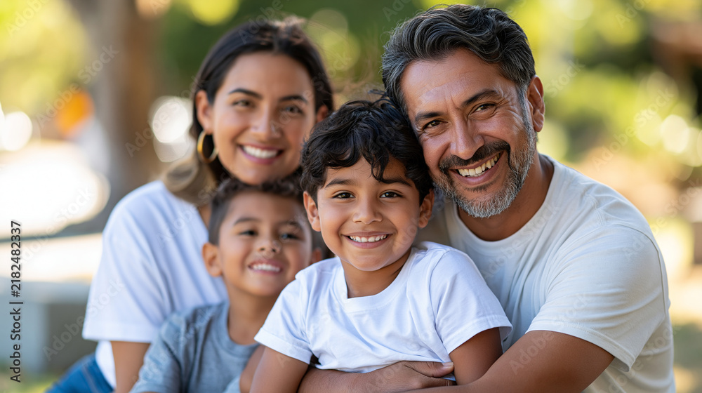 Fototapeta premium Indigenous grandparents spending time with grandchildren outdoors, multigenerational family connection, cultural heritage, healthy lifestyle, warm natural lighting, with copy space