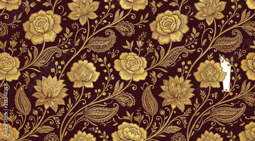 Seamless pattern with ornate golden floral and paisley motifs on a deep burgundy background, vintage damask style textile design for luxury wallpaper or fabric