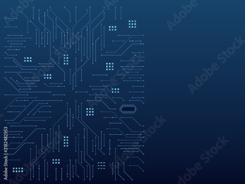 Blue circuit board technology background with right copy space