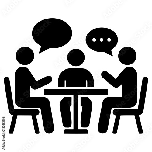 Three business people sitting at a table having a professional meeting with speech bubbles representing communication and collaborative team discussion