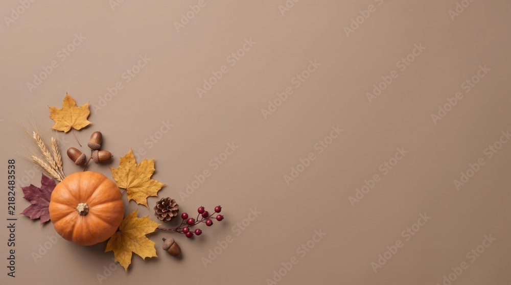Fototapeta premium Autumn floral arrangement with pumpkin and colorful leaves on a neutral background