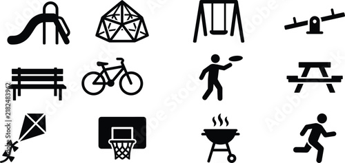 Black and white outdoor recreation and park activity icon collection featuring sports, cycling, and leisure symbols