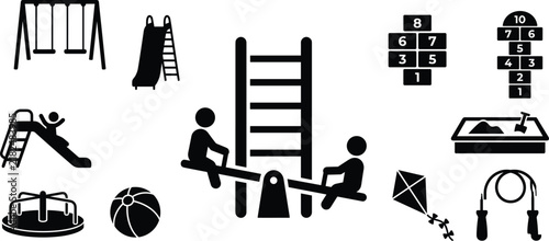 Black and white playground and children’s activity icon collection featuring slides, swings, seesaw, and outdoor play symbols
