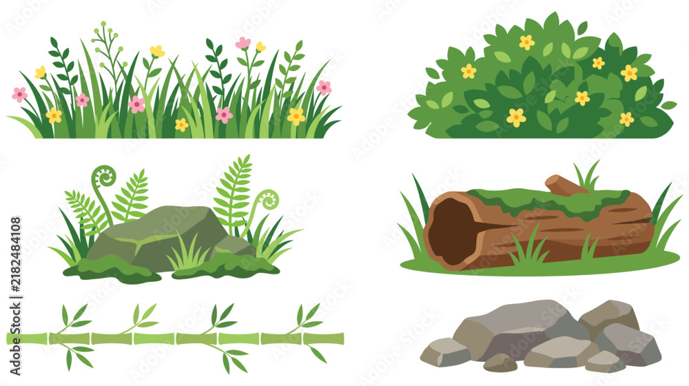 Obraz premium Collection of green plants and natural elements for outdoor landscape design.