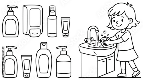 Kid washing hands at sink with various soap dispensers hygiene concept.