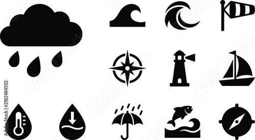 Black and white weather and nautical icon collection featuring rain cloud, waves, compass, lighthouse, and sailing symbols