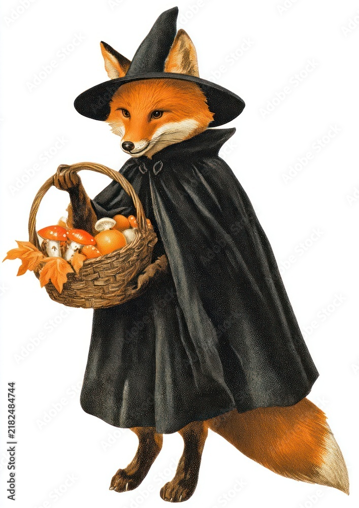 Obraz premium Fox in witch costume holding basket of mushrooms.