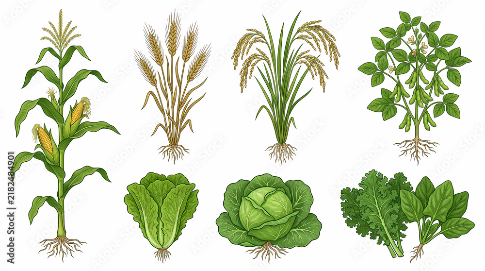 Obraz premium Botanical illustration of agricultural crops and green vegetables