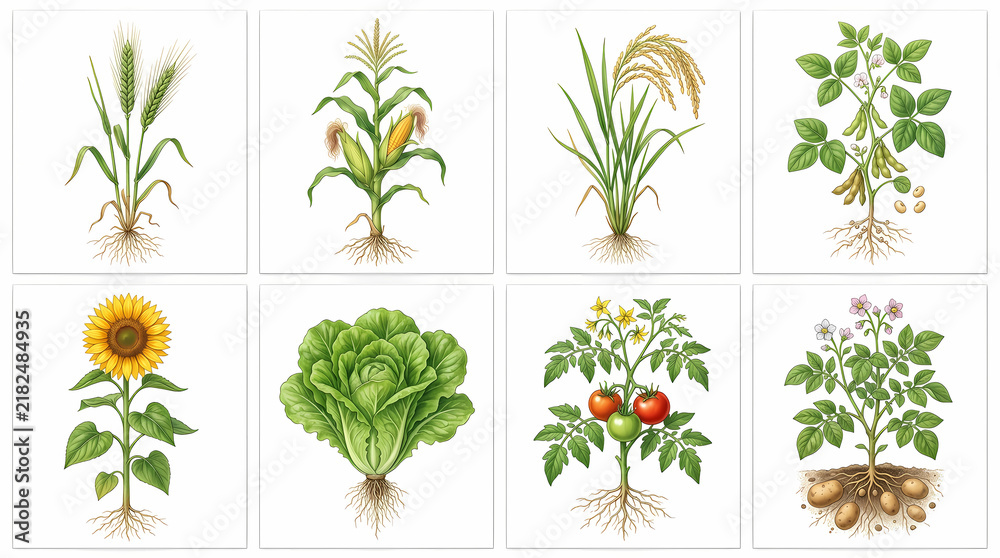 Obraz premium Agricultural crops botanical illustration set showing root systems