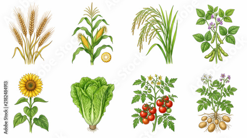 Collection of various agricultural food crops on white background