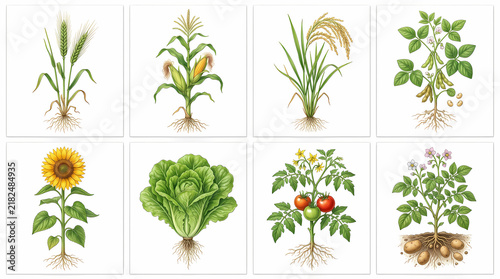 Agricultural crops botanical illustration set showing root systems
