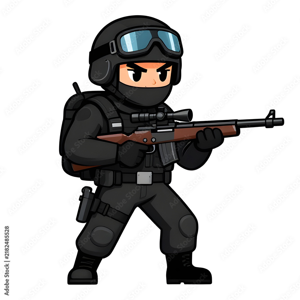 Obraz premium A sturdy special forces soldier with a combat weapon, fully equipped in special combat gear. Cartoon mascot, illustration high quality