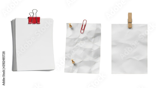 Set of blank white paper sheets with clips and a wooden clothespin for notes