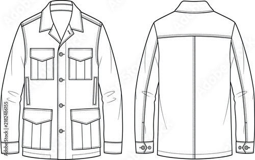 Bild auf Leinwand Men's Multi Pocket Field Jacket Technical Flat Sketch Front and Back View Utilit