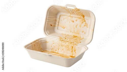 Empty dirty takeout food container made of recycled paper pulp
