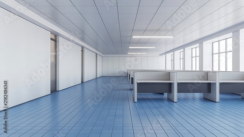 Modern gym or sports hall with blue flooring and white walls
