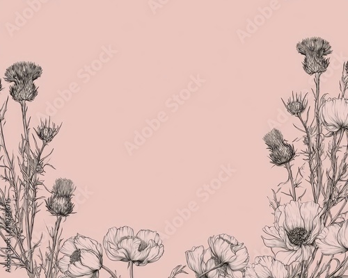 Elegant Thistle and Poppy Line Art on Pink