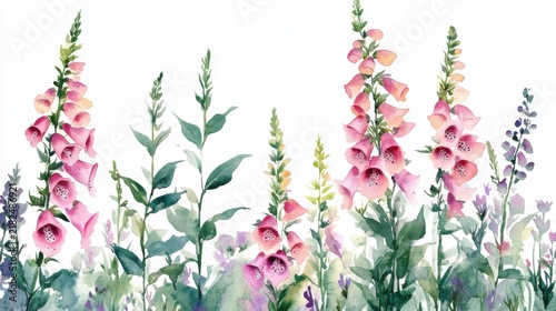 cute watercolor foxglove flowers, pastel tones, white background