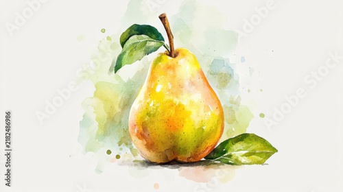 cute watercolor pear with soft green and yellow tones, white background