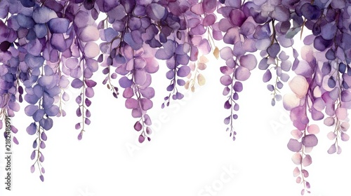 cute watercolor wisteria hanging flowers, purple tones, white background