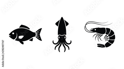 Group of marine life icons including fish squid and shrimp isolated on white background