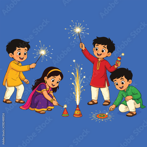 Indian Children Celebrating Diwali with Firecrackers