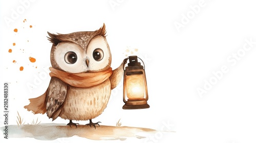watercolor cartoon owl holding a lantern, white background