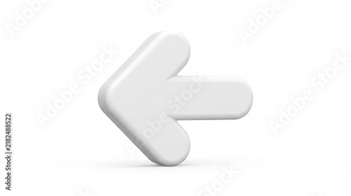 Three-dimensional glossy white arrow icon pointing left isolated on a clean white background for web and mobile user interface navigation