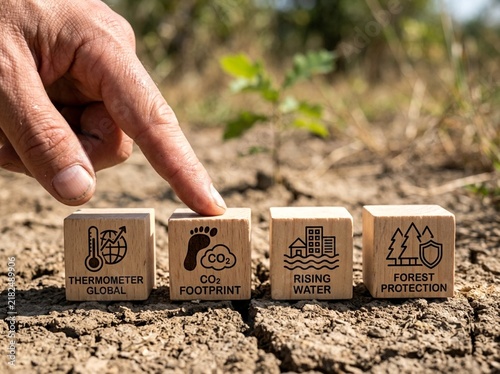 Human hand touching wooden cubes carved with environmental symbols for climate change awareness under bright warm natural daylight sunlight illumination