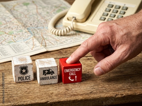 Male hand presses a red wooden cube labeled emergency call while police and ambulance icons wait on rustic wooden table