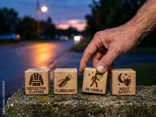 Wooden cubes featuring etched safety icons are held by a man to promote high visibility for pedestrians during night hours