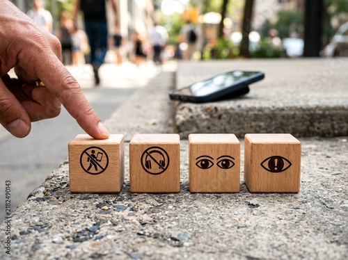 Human hand points at engraved wooden cubes displaying clear safety icons concerning pedestrian awareness and vigilance during daily city commutes