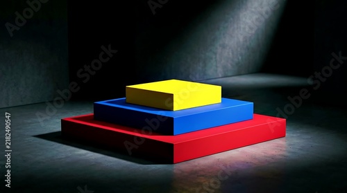 Stacked three level square pedestal podium in primary colors with cinematic